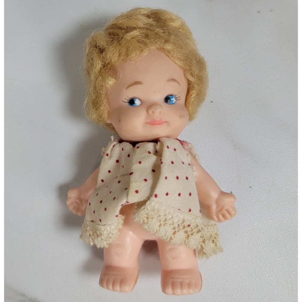 Vintage 1965 Uneeda Wee Doll Orange‎ Dress 3.5" Blonde White Polka Dot Dress